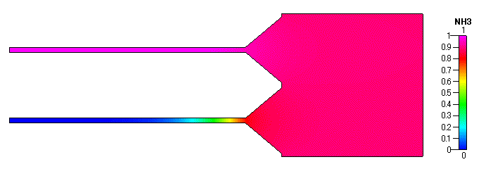 Fig. 32 NH3 の質量分率（上下は周期境界，Cut-Diffusion 無し，助走距離：50mm）